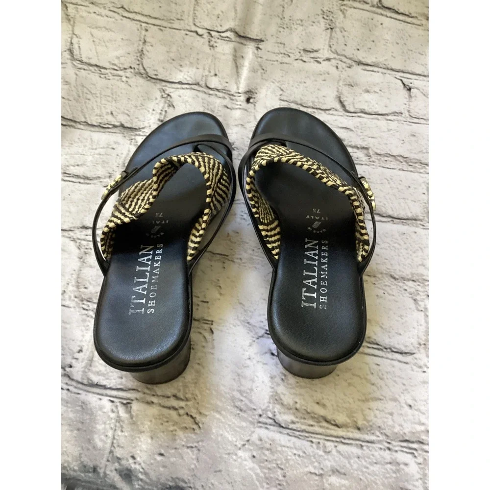 Italian Shoemakers Black Woven Wedge Sandals Platform Toe Loop Slides Size 7.5